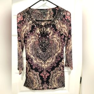INC Black/Cream/Pink Tunic Top Size S
